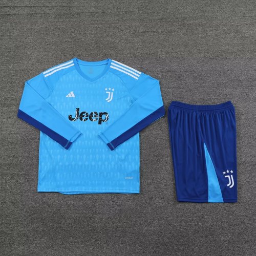 Long Sleeve Adult Uniform 2023-2024 Juventus Blue Goalkeeper Soccer Jersey Shorts