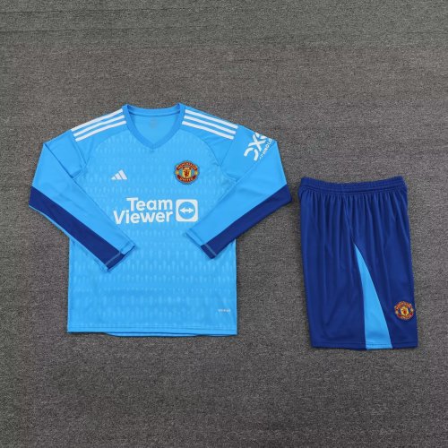 Adult Uniform Long Sleeve 2023-2024 Manchester United Blue Goalkeeper Football Shirt Man United Soccer Jersey Shorts