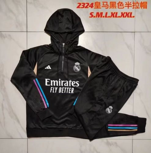 2023-2024 Real Madrid Black Soccer Training Hoodie and Pants Football Kit