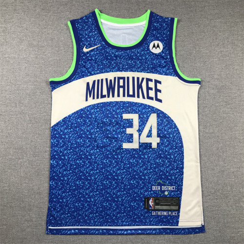 2024 City Edition Milwaukee Bucks 34 ANTETOKOUNMPO Blue NBA Shirt Basketball Jersey