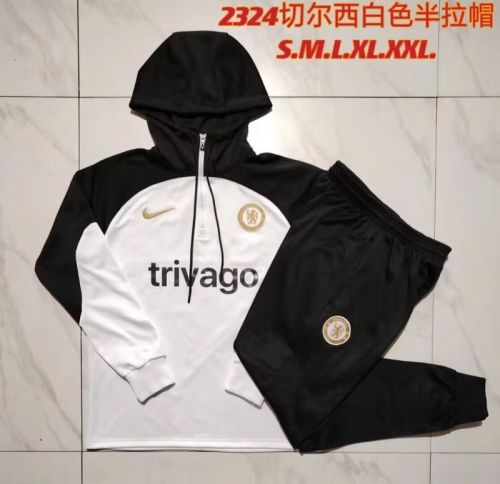 2023-2024 Chlesea White/Black Soccer Training Hoodie and Pants Football Kit