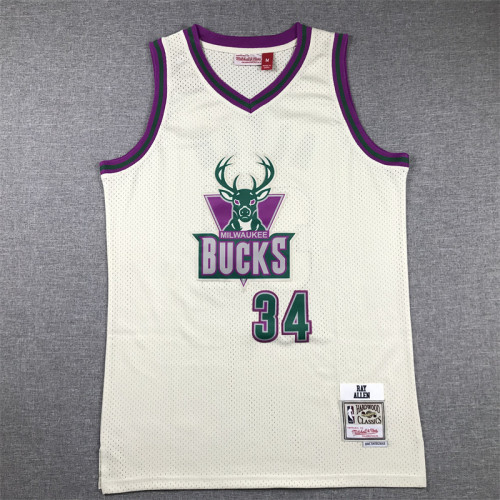 Mitchell&ness Milwaukee Bucks 34 RAY ALLEN Cream White NBA Shirt Basketball Jersey