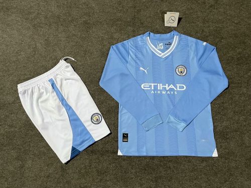 Long Sleeve Youth Uniform Kids Kit 2023-2024 Manchester City Home Soccer Jersey Shorts Child Football Set