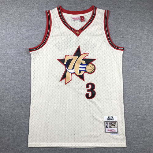 Mitchell&ness Philadelphia 76ers Basketball Shirt 3 ALLEN IVERSON Cream White NBA Jersey