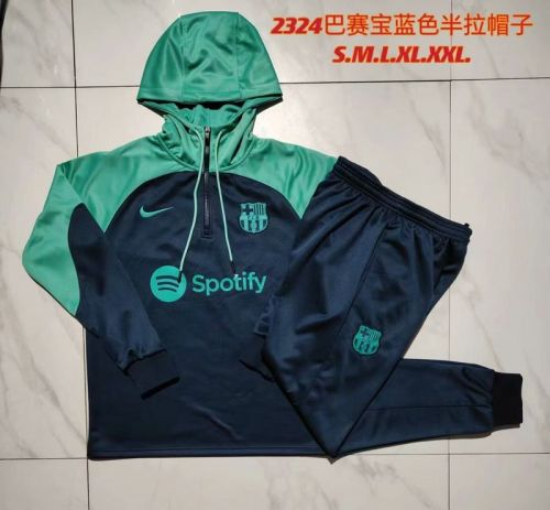 2023-2024 Barcelona Dark Blue/Green Soccer Training Hoodie and Pants Football Kit