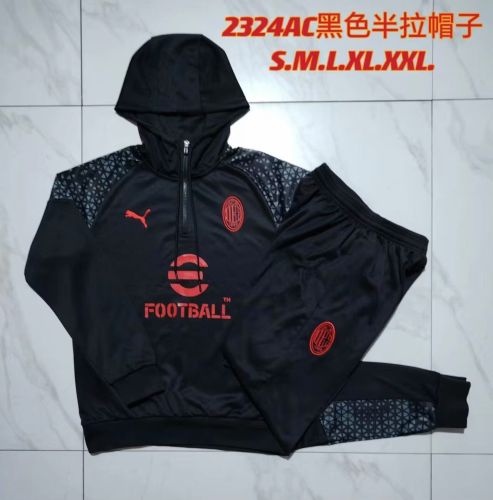 2023-2024 Ac Milan Black Soccer Training Hoodie and Pants Football Kit