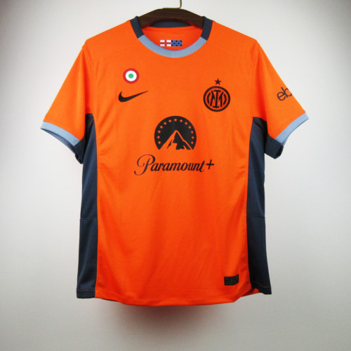with Sponor Logo+Coppa Italia Patch Fan Version 2023-2024 Inter Milan Third Away Orange Soccer Jersey Inter Football Shirt