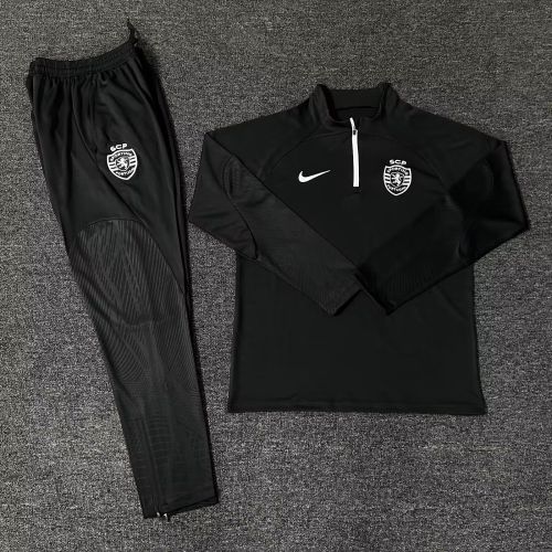 2023-2024 Sporting Lisbon Black Soccer Training Sweater and Pants Football Kit