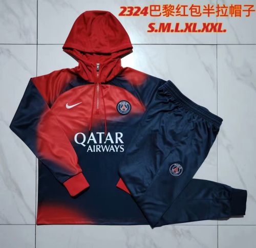 2023-2024 PSG Red/Dark Blue Soccer Training Hoodie and Pants Football Kit