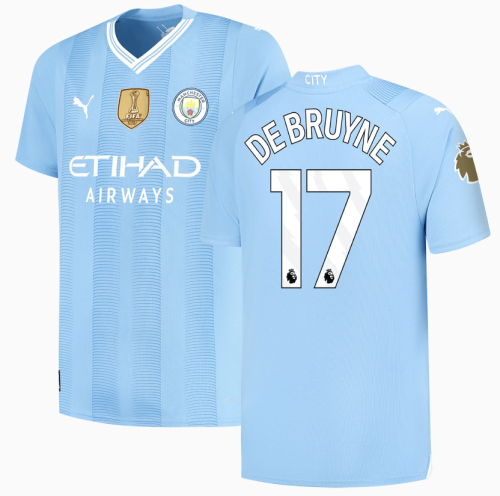 with FIFA World Champions 2023 badge Fans Version 2023-2024 Manchester City 17 DE BRUYNE Home Soccer Jersey