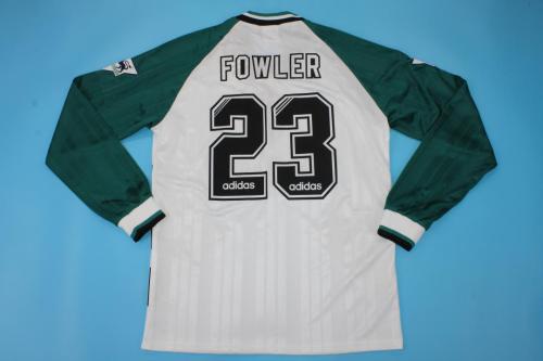 with EPL Patch Retro Jersey Long Sleeve 1993-1995 Liverpool FOWLER 23 Away White/Green Soccer Jersey