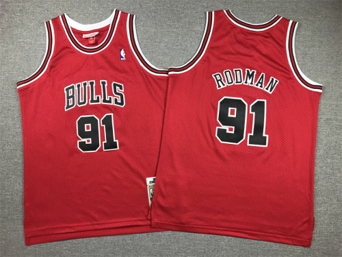 Youth Mitchell&ness 1997-98 Chicago Bulls 91 RODMAN Red NBA Shirt Child Basketball Jersey