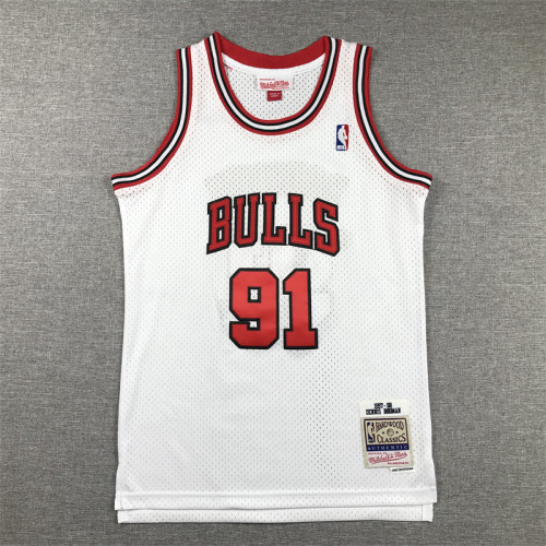 Youth Mitchell&ness 1997-98 Chicago Bulls 91 RODMAN White NBA Shirt Child Basketball Jersey