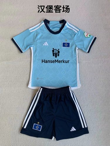 Youth Uniform Kids Kit 2023-2024 Hamburger Away Blue Soccer Jersey Shorts