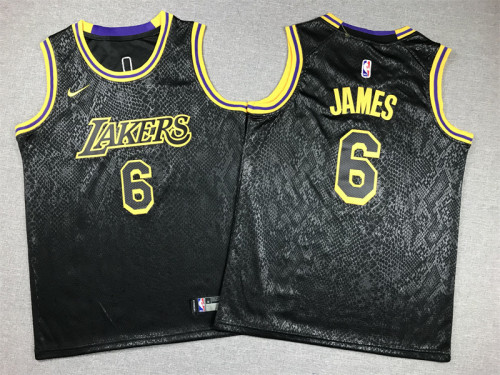 Youth Kids Los Angeles Lakers 6 JAMES Black/Yellow NBA Jersey Child Basketball Shirt