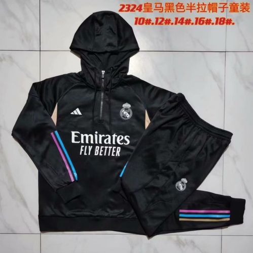 Youth 2023-2024 Real Madrid Black/Gold Soccer Training Hoodie and Pants