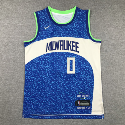 Youth Kids 2024 City Edition Milwaukee Bucks 0 LILLARD Blue NBA Shirt Child Basketball Jersey