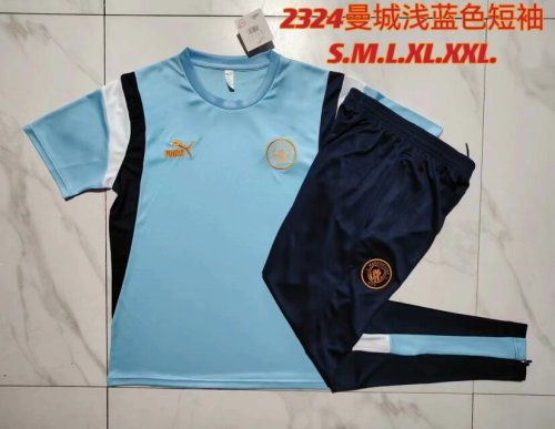 2023-2024 Manchester City Blue Soccer Training Shirt and Pants Football Kit