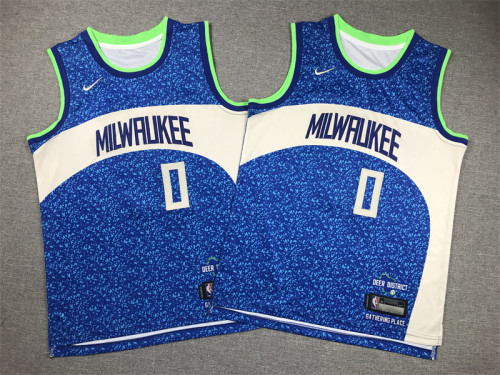 Youth Kids 2024 City Edition Milwaukee Bucks 0 LILLARD Blue NBA Shirt Child Basketball Jersey