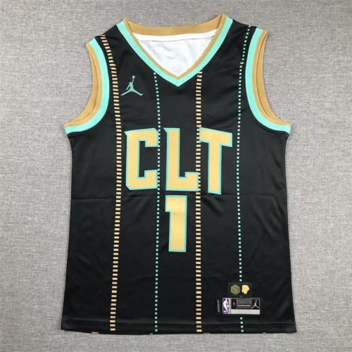 Youth Kids 2023 City Edition Charlotte Hornets 1 BALL Black Basketball Shirt Child NBA Jersey