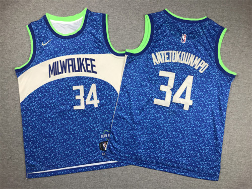 Youth Kids 2024 City Edition Milwaukee Bucks 34 ANTETOKOUNMPO Blue NBA Shirt Child Basketball Jersey
