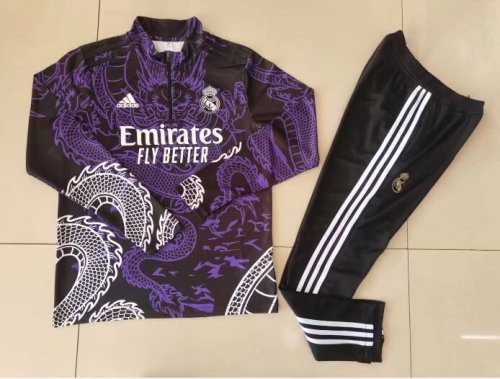 2023-2024 Real Madrid 1/4 Zipper Purple Soccer Training Sweater and Pants Football Kit