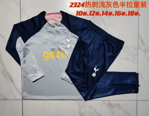 Youth 2023-2024 Tottenham Hotspur Grey 1/4 Zipper Soccer Training Sweater and Pants