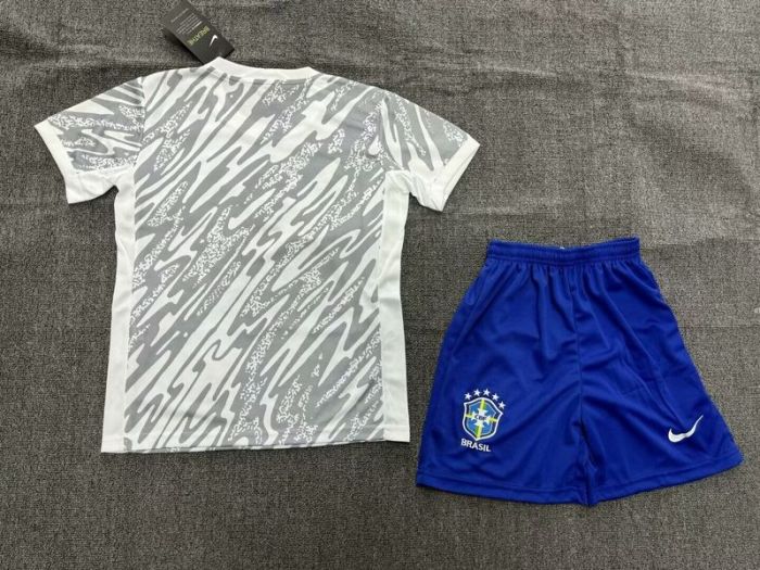 Youth Uniform Kids Kit 2024 Brazil Grey Goalkeeper Soccer Jersey Shorts Child Football Set