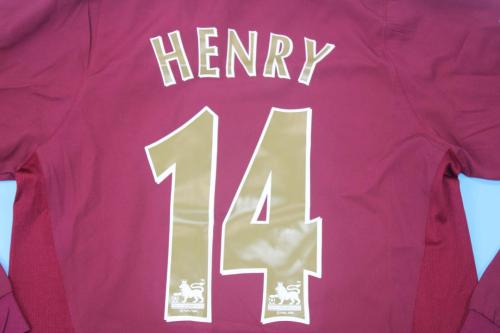 with Front Lettering+EPL Patch Retro Jersey Long Sleeve 2005-2006 Arsenal HENRY 14 Home Soccer Jersey