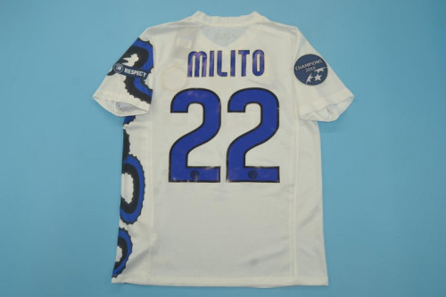 with Golden FIFA+Scudetto+Italia Coppa+UCL Patch Retro Jersey 2010-2011 Inter Milan MILITO 22 Away White Soccer Jersey