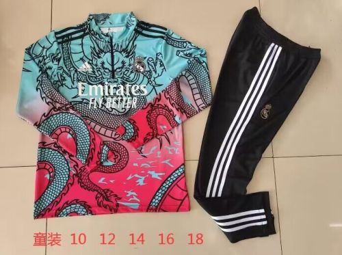 Youth 2023-2024 Real Madrid Pink/Green Dragon Soccer Training Sweater and Pants