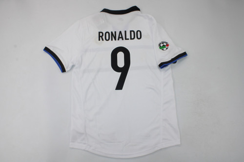 with Serie A Patch Retro Jersey 1998-1999 Inter Milan RONALDO 9 Away White Soccer Jersey Vintage Football Shirt