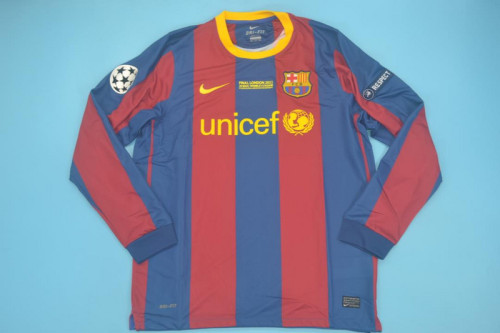 with UCL Patch+Front Lettering Long Sleeve Retro Jersey Barcelona 2010-2011 UCL Final Home Soccer Jersey