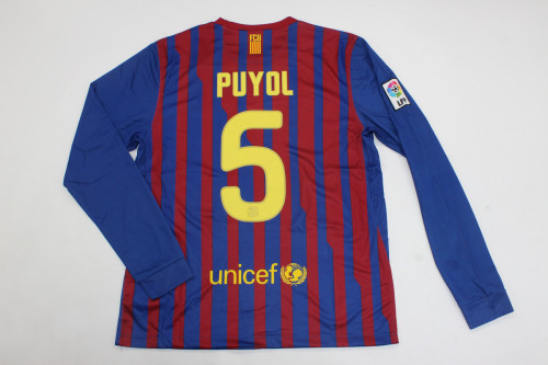 with Golden FIFA+LFP Patch Long Sleeve Retro Jersey 2011-2012 Barcelona PUYOL 5 Home Vintage Soccer Jersey