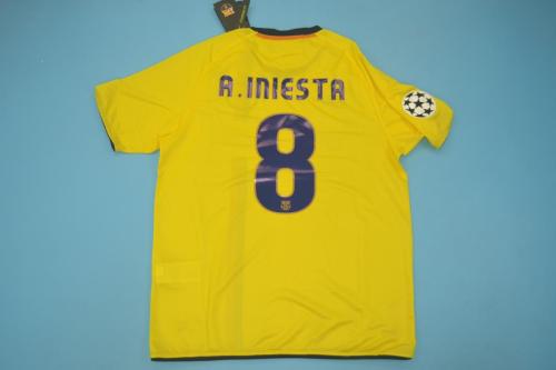 with UCL Patch Retro Jersey 2008-2009 Barcelona A.INIESTA 8 Away Yellow Soccer Jersey Vintage Football Shirt