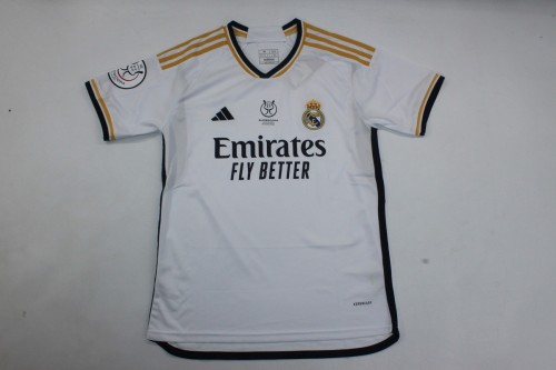 with Front Lettering+Supercopa Patch 2023-2024 Fan Version Real Madrid Supercopa Final Home Soccer Jersey