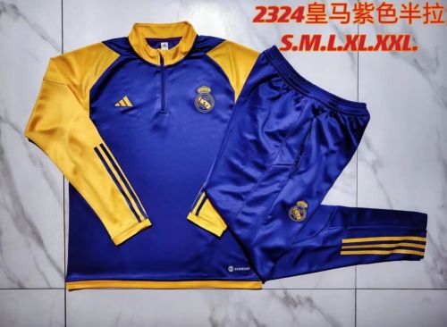2023-2024 Real Madrid Blue/Yellow Soccer Training Sweater and Pants