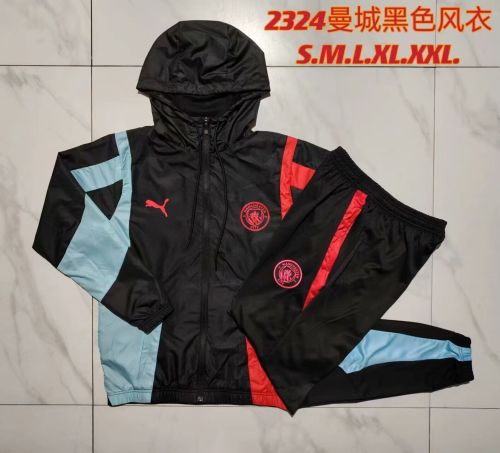 2023-2024 Manchester City Black Soccer Windbreak Jacket with Hat and Pants Football Tracksuit
