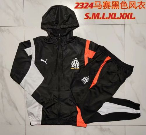 2023-2024 Marseille Black Soccer Windbreak Jacket with Hat and Pants Football Tracksuit