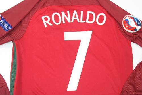 with Front Lettering+Euro Patch Long Sleeve Retro Jersey 2016 Portugal RONALDO 7 Home Vintage Soccer Jersey