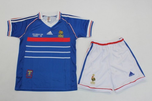 with Front Lettering Retro Youth Uniform 1998 France Home Soccer Jersey Shorts Vintage Child Football Kit