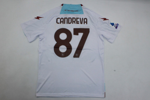 with Serie A Patch Fan Version 2023-2024 US Salernitana 1919 CANDREVA 87 Away White Soccer Jersey