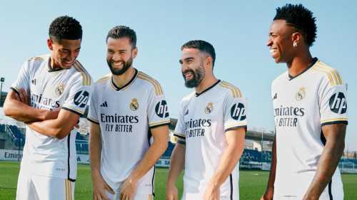 with the new HP Logo Real Camisetas de Futbol 2023-2024 Fan Version Real Madrid Home Soccer Jersey