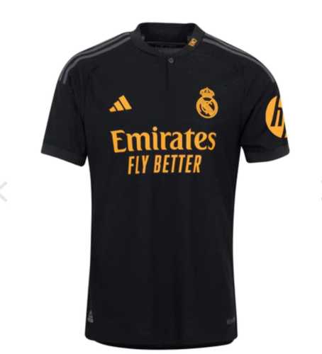 with the new HP Logo Real Camisetas de Futbol Fan Version 2023-2024 Real Madrid Third Away Black Soccer Jersey