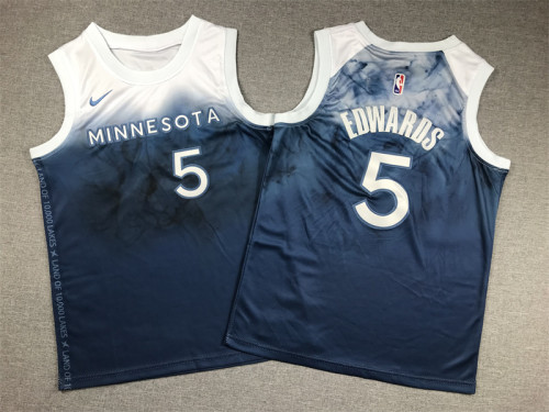 Youth Kids 2024 City Edition Minnesota Timberwolves 5 EDWARDS Blue NBA Jersey Child Basketball Shirt