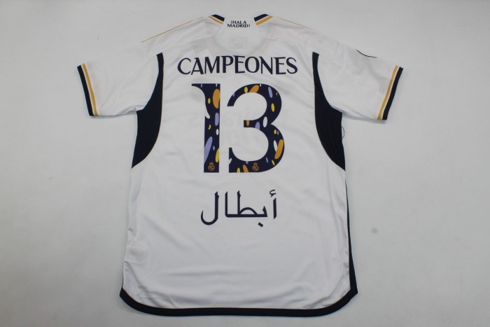 with Front Lettering+Supercopa Patch 2023-2024 Fan Version Real Madrid CAMPEONES 13 Supercopa Final Home Soccer Jersey