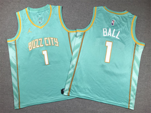 Youth Kids 2024 City Edition Charlotte Hornets 1 BALL Green Basketball Shirt Child NBA Jersey