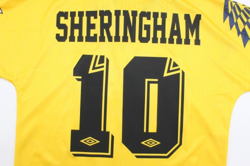 with EPL Patch Retro Jersey 1992-1995 Tottenham Hotspur SHERINGHAM 10 Away Yellow Soccer Jersey Spurs Vintage Football Shirt