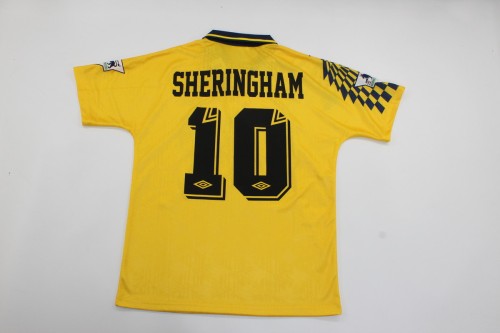 with EPL Patch Retro Jersey 1992-1995 Tottenham Hotspur SHERINGHAM 10 Away Yellow Soccer Jersey Spurs Vintage Football Shirt
