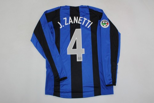 with Serie A Patch Long Sleeve Retro Jersey 2004-2005 Inter Milan J.ZANETTI 4 Home Soccer Jersey Vintage Football Shirt